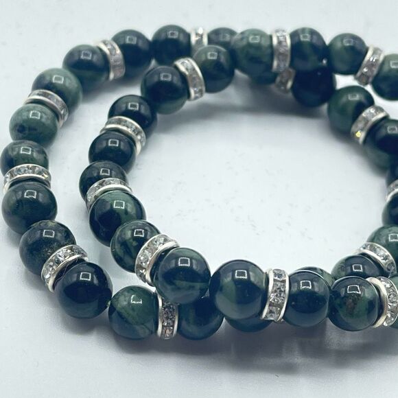 Kambaba jasper green black rhinestone bling beaded stretch bracelet ONE NEW crys - Picture 5 of 7